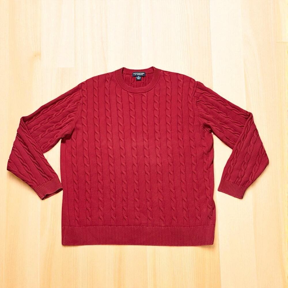 ROUNDTREE & YORKE Mens Cable Knit Crew Neck Red Fisherman Sweater Cotton Size XL